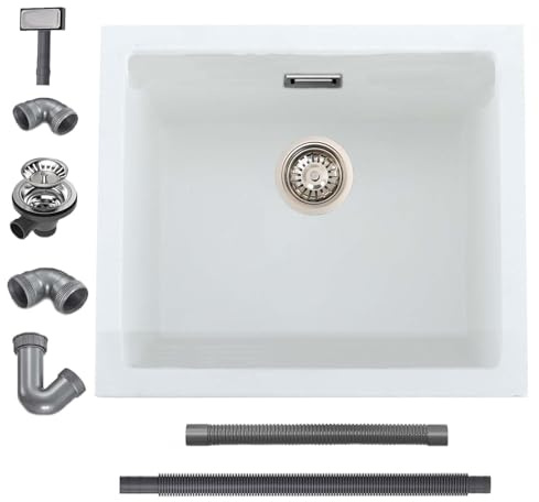 iAnomla Quartz White Kitchen Sink, 50x45cm/20x18in, Composite Inset/Undermount Kitchen Sink Waste Kit,Single Bowl Commercial with Overflow, Suitable for Workstation