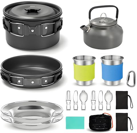 Set de Casseroles de Camping Portable - Léger en Aluminium,Durable et Compact avec Bouilloire et Ustensiles,Inclut Marmite,Poêle, Légère, Empilable pour Camping, Randonnée et Voyage (Noir)