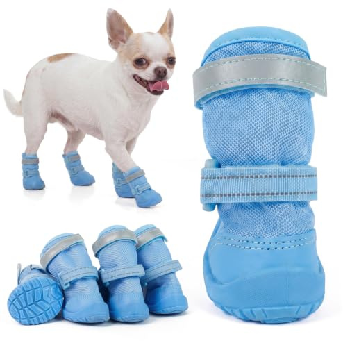 Kuoser Hundeschuhe Pfotenschutz Outdoor, Sommer Hitzeschutz, Blau 4 STK. 1# | Hundeschuhe:Atmungsaktives Mesh für den Sommer, Rutschfest, Leckschutz nach OP, bewahrt Pfoten vor heißem Asphalt&rauen Böden