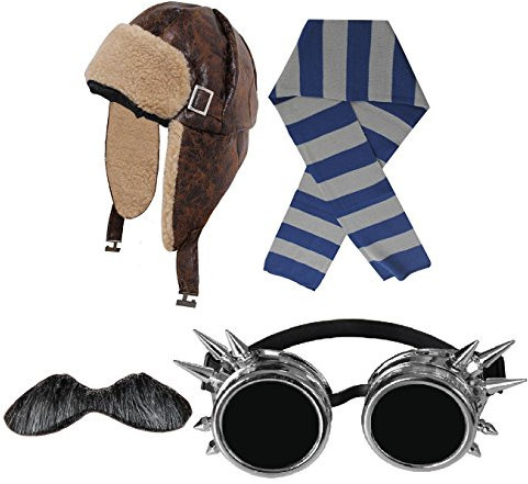 I LOVE FANCY DRESS FLIEGERMÜTZE/RUSSENMÜTZE +SILBERNEN Googles + SCHNÄUTZER = 4 VERSCHIEDEN FARBENDEN SCHALS = HELLES TEDDYFELL IN Innenseite = MÜTZE MIT OHRKLAPPEN + BLAU/Grauer SCHAL