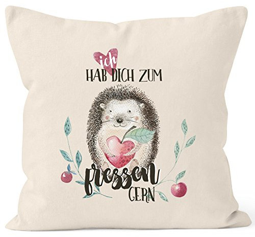 MoonWorks Kissenbezug Ich hab Dich zum fressen gern Watercolor Igel Liebe Spruch Geschenk Love Quote 40x40 Baumwolle Natur 40cm x 40cm