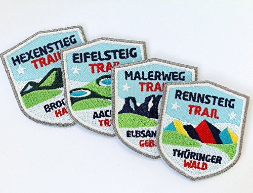 4er-Set Wander-Abzeichen 51 x 60 mm gestickt/Rennsteig Hexenstieg Eifelsteig Malerweg Weit-Wanderweg/Aufnäher Aufbügler Sticker Patches/Wandern Wanderkarte Tourenkarte Wanderführer Reiseführer