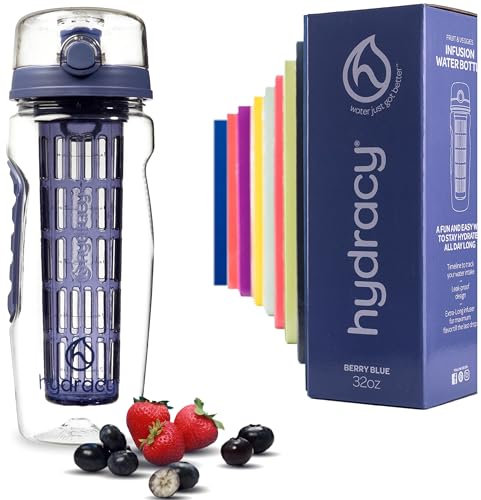 Hydracy Bouteille à Infusion de Fruits avec Etui Long Infuseur et Indicateur de Temps - Grande capacité 1Litre - Sans bisphénol A - Votre Hydratation Santé avec du Goût! Berry Blue