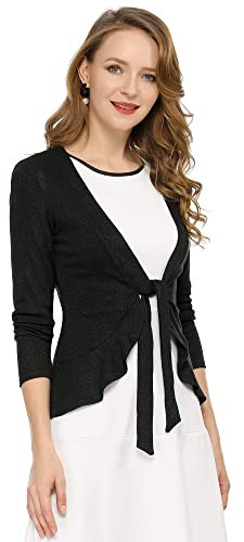 Allegra K Women's St. Patrick's Day Tie Front Metallic Ruffled Long Sleeve Open Cardigan Black 16