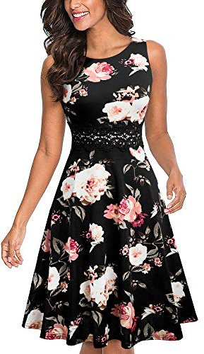 HOMEYEE Women's Vintage 50s Sleeveless Floral Embroidered Cocktail Swing Dress A079 (12, Black + White Floral)