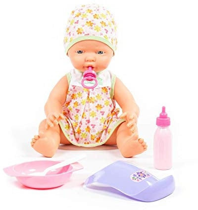 Polesie 78377 Fröhliche Baby Puppe, 35 cm mit Schnuller und Fütterungset, 4 Teile