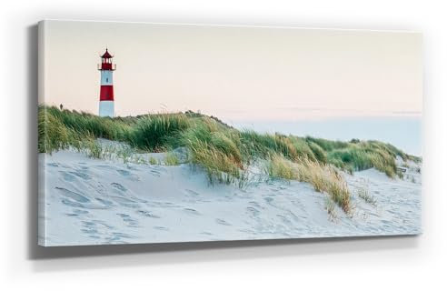 Atemberaubendes Nordsee Panorama Leinwand-Bild 120x60cm, Motiv Leuchtturm Sylt. Ein einzigartiges XXL Wandbild als Deko für Wohnzimmer, Schlafzimmer, Küche. Aufgespannt auf Holzrahmen