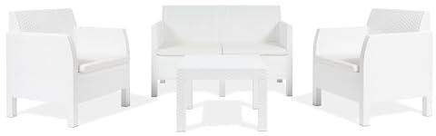 Toomax Set Salotto da giardino Matilde 4 posti bianco, in plastica resistente effetto rattan, 2 poltrone con schienale ergonomico, divanetto da 2 posti e tavolo, ideale per spazi esterni