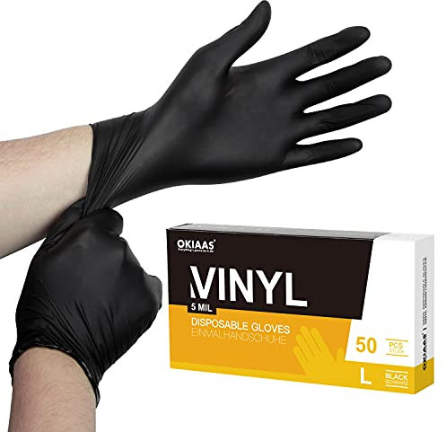OKIAAS Einweghandschuhe Schwarz L, Vinyl Einmalhandschuhe Puderfrei, 5 mil, 50 Stück Tattohandschuhe Latexfrei Handschuhe Einweg für Kochen, Grill, Putzen