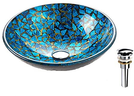 Fanwin Star Hyacin-Serie rundes Waschbecken aus gehärtetem Mosaik-Glas, Waschbecken, in Sternenblau,Waschtisch-Aufsatz-Waschbecken mit Pop-Up-Ablaufgarnitur,FW-LA602