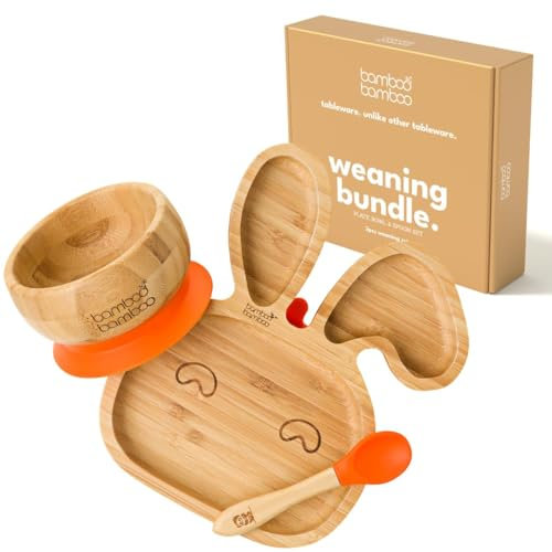 bamboo bamboo Piatto Baby & Ciotola Svezzamento Set, Ventosa per Pappa e Svezzamento, Piatto Coniglio Bamboo, Ciotola Toddler & Cucchiaio Baby, Piatti per Bambini da 6 Mesi (Coniglio, Arancia)