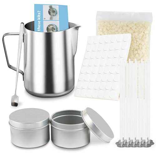 NIERBO Set di candele fai da te per la produzione di candele, per bambini, con cera di soia da 120 g, 2 barattoli per candele, 2 porta stoppini in ferro, 50 stoppini per candele, cucchiai, 56 adesivi