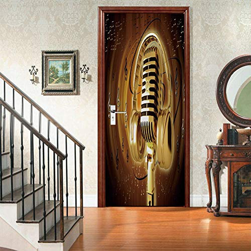 CBWRAW 3D Art Door Sticker For Bedroom Livingroom Bathroom Golden Music Microphone Wall Decal Reusable Self-Adhesive Waterproof Vinyl Door Murals Poster Wallpaper Home Decoration 30.3“X78.7
