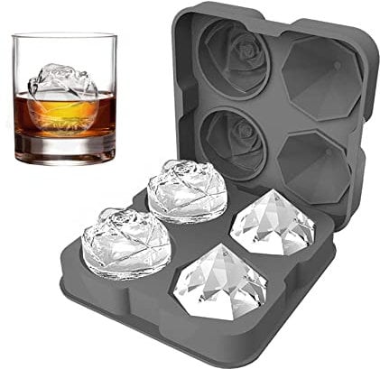 Ice Cube Tray, HANCELANT 2.5inch Ice Cube Molds, 2 Cavity Silicone Rose & 2 Diamond Ice Ball Maker, Easy Release Large Ice Cube Form for Chilling Cocktails, Whiskey, Bourbon & Homemade Juice (Grey)