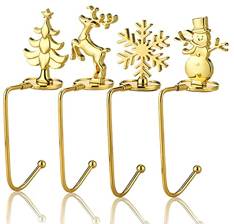 Hileyu Weihnachtsstrumpfhalter 4 Stück Weihnachtshaken Aufhänger Weihnachtsstrumpfaufhänger für Kaminsims Strumpfgriffe Weihnachtsmann Schneemann Elch Weihnachtsbaum