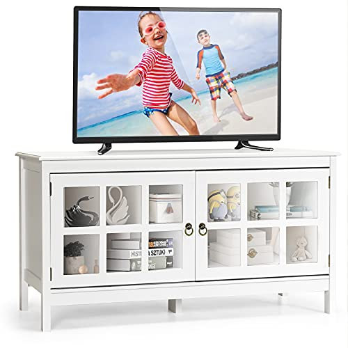 COSTWAY TV Stand Cabinet for TVs up to 50 Inches, Modern Media Entertainment Center with Tempered Glass Doors and Adjustable Shelf, TV Unit Console Table for Living Room Bedroom (White)