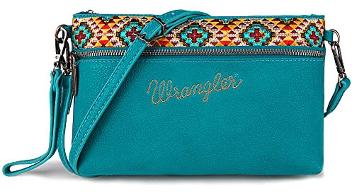 Wrangler Western Umhängetasche aus Rindsleder für Damen, Clutch, Handgelenktasche, Besticktes Türkis, Einheitsgröße