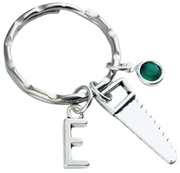 Personalised Saw Keyring with initial charm and birthstone crystal, unisex jewellery, tools horror lover, halloween costume, handyman diy father's day dad, gift for boyfriend husband birthday