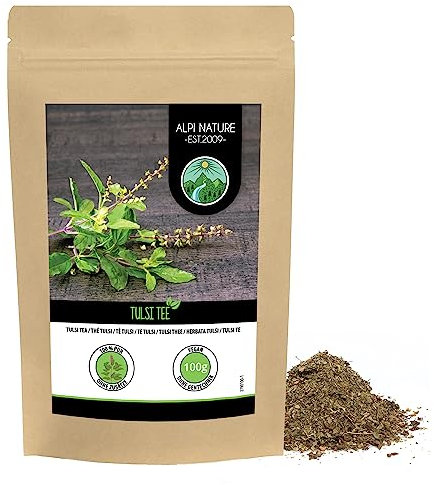 Alpi Nature Tulsi Té 100g, Hierba de Albahaca Sagrada Seca y Frotada, Hojas de Tulsi, Té Suelto
