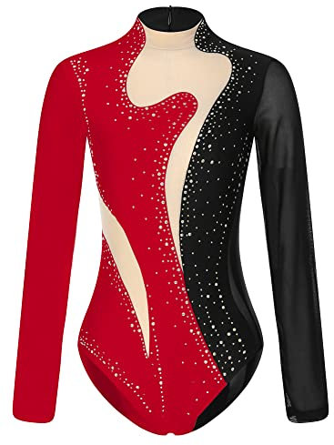 iEFiEL Damen Langarm Turnanzug mit Glitzer Strass Tanzbody Einteiler Tanzanzug Sportlich Leotard Ballett Trikotanzug Wettbewerb Tanzkostüm Schwarz + Rot S