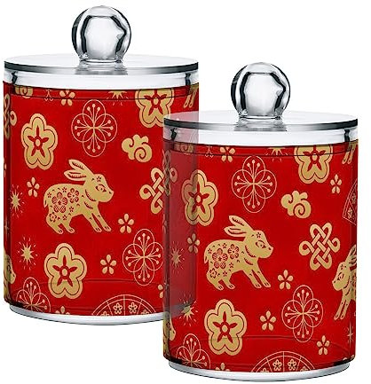GAIREG Oriental Year of the Rabbit Kunststoff-Badezimmer-Gläser für Wattebälle, Wattestäbchen, Zahnseide, 2 Stück