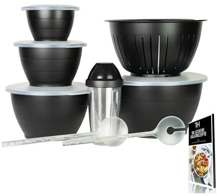 Thiru Lot de 8 saladiers noirs avec couvercles – 8 pièces 0,6 l/1,3 l/2,5 l/4,4 l/6,5 l – Avec couvercle, passoire, couverts à salade – Sans BPA – Fabriqué en Allemagne