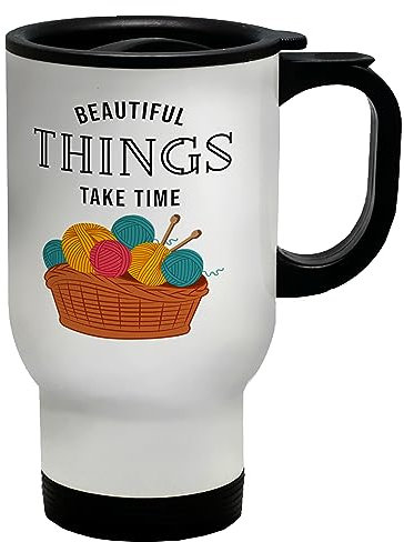 Shopagift Knitting Travel Mug Beautiful Things Take Time Threading Needle Gift Stainless Steel 14oz Cup
