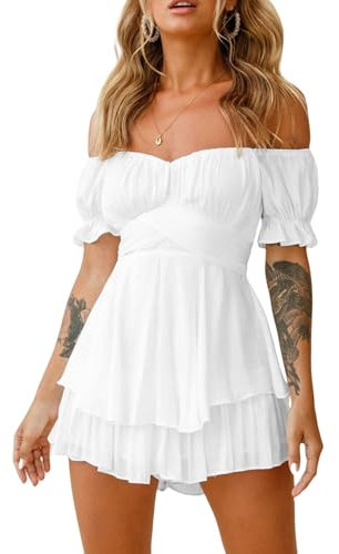 Women Off-Shoulder Mini Dress With Puff Sleeves, Bateau Neck, Ruffled A-Line, Flowing Summer Dress for Beach (White, M)