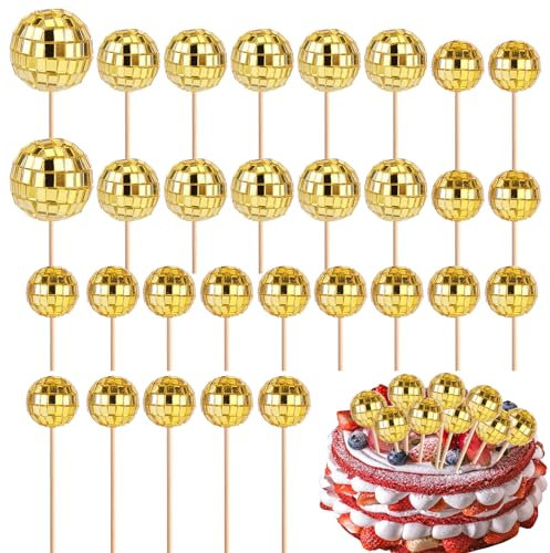 30pcs Disco Ball Cupcake Toppers, Mini Disco Ball Picks Disco Theme Cake Toppers with Sticks for Cake Decorations Cupcake Decor Dessert Accessories Disco Party (Golden)