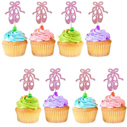 ROSTYAKZ 24pcs Ballet Cupcake Toppers, Ballet Shoes Cupcake Toppers, Pink Glitter Ballerina Cake Decoration for Girl, Ballet Themed Baby Shower/Birthday Party Supplies