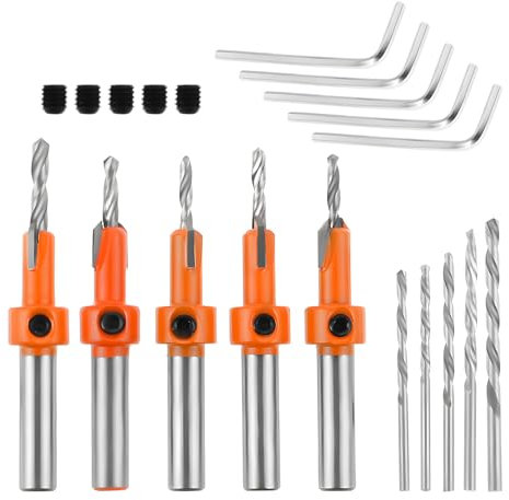 Dophee 5PCS Countersink Drill Bit, Quick Change 8mm Adjustable Countersink Drill Bit Set with 5PCS Free Replaceable HSS Drill Bits and 5 Wrenches for Precision Woodworking, Wood Drilling