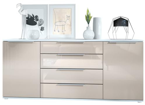 Vladon Sideboard Linio V2 166,5 x 72,5 x 35 cm Anrichte mit 2 Türen und 4 Schubladen, Korpus in Weiß matt, Fronten in Sandgrau Hochglanz