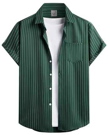 Hardaddy Men's Casual Striped Shirts Button Down Short Sleeve Blouse Summer Hawaiian Shirt Green L