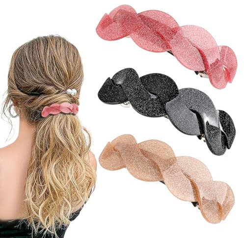 3 Stück Haarspangen Damen Groß, Haarspangen für Damen und Mädchen Retro klassische Haarspangen große Haar-Accessoires glitzernde Damen-Haarspangen (Rosa, Khaki, Schwarz)