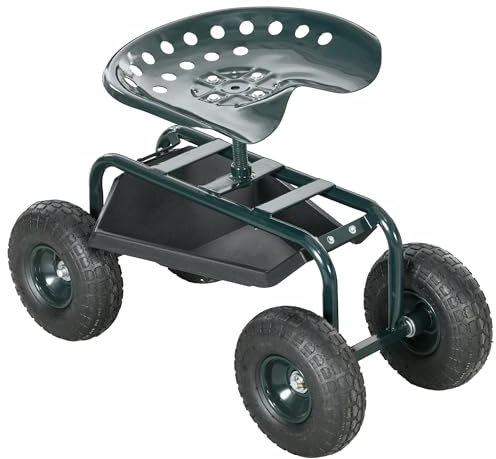 Outsunny Siège de Jardin siège de Travail Chaise roulante siège pivotant à 360° et réglable en Hauteur avec Plateau à Outils Charge Max. 150 Kg Vert