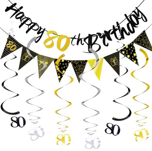 80 Geburtstag Mann Frau Deko, 80 Geburtstag Deko Banner Wirbel Set, Deko 80. Geburtstags Mann Luftschlangen, 80. Geburtstags Deko Girlande Spiralen Gold,Deko 80 Geburtstage,Partydeko 80er Geburtstage
