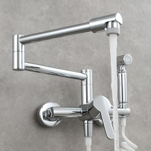 Wandarmatur Küche, Wandmontage Klappbarer Küchenhahn mit Spritzpistole Wandarmatur Küche mit 2 Wasserstrahlarten Warm und Kalt Messing Spülarmaturen Küche-Schwarz, XYLKWY, Chrom,