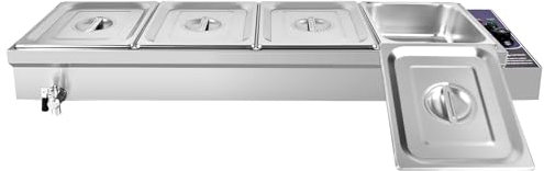 TAIMIKO Bain Marie Electric Food Warmer 1800W Commercial Stainless Steel Buffet Wet Well Sauce Drain Tap Gastronorm Container Catering Restaurants 30-85°C Temperature Control (4x 1/2GN Pan)