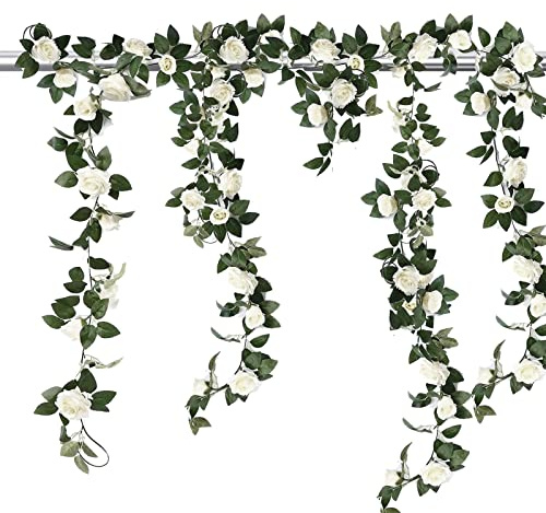 2 Pack 7.2FT Artificial Rose Garland, Artificial Flower Vine Hanging Rose Garlands for Outdoor Indoor Wedding Wall Badroom Decoration (White)