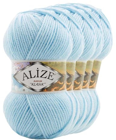 5 x 100g Strickgarn Strickwolle Alize Burcum uni/einfarbig, wähle deine Farbe, Farbe:183 hellblau