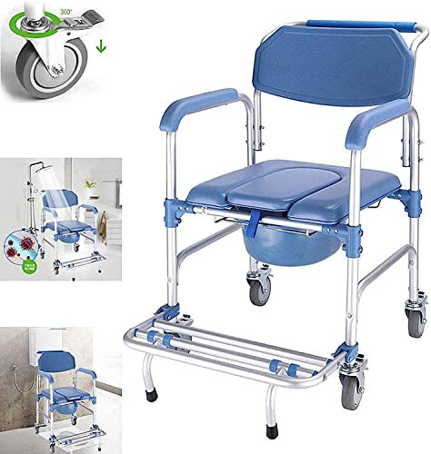 WOTZOV Sedia da Toilette Comoda con Sedia a rotelle, Sedia da Doccia per Sedia a rotelle, Sgabello per Toilette / 4 Freni per Ruote, Toilette Mobile Pieghevole per Anziani