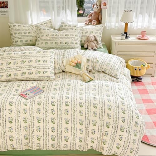 Covebett Duvet Cover Double Floral White Green Flower Botanical Striped Bedding Set Washed Microfiber Cute Aesthetic Girls Quilt Cover 200x200 with Zipper Closure and 2 Pillowcases 50x75 cm