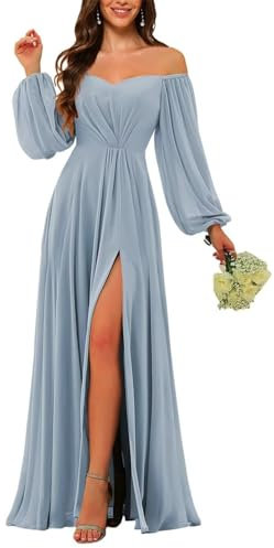 HPPEE Dusty Blue Long Sleeve Bridesmaid Dresses with Slit for Wedding Party Fall Chiffon A Line Formal Party Gown UK22