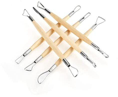 KOSDFOGE Double Sided Clay Sculpting Tools, 6pcs Wooden Handle Ribbon Clay Tools, Pottery Trimming Tool, Clay Wire Loop Sculpture Set for Ceramic, Wax Carving Modeling