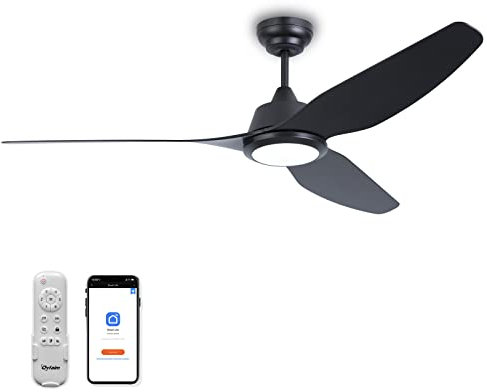 Ovlaim Ventilador de techo motor dc ligero, 142cm, iluminación LED regulable, ventilador de techo inteligente, silencioso con control remoto, 3 alas, negro