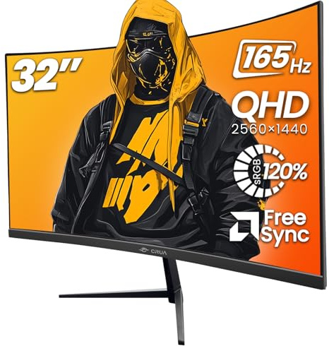 CRUA - Monitor curvo da gioco da 32 pollici, 2K QHD 2560 x 1440P, monitor per computer 144 Hz/165 Hz, 120% sRGB, FreeSync, luce blu bassa, visualizzazione 1800R VA, HDMI 1.4/DP 1.2, montaggio