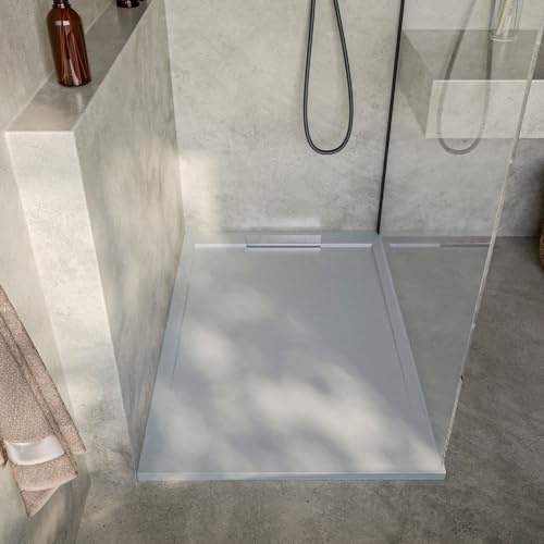 SoulHome Receveur de douche Résine 110x90 Gris Clair Design Élégante | Antidérapant C3, extra-plat, résine et charge minérale, texture pierre lisse, antibactérien, gel-coat, + bonde d'évacuation