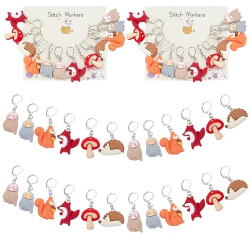 PLIGREAT 24 Stück Eichhörnchen Eulen Pilz häkeln Maschenmarkierer Charms Strickreihe Zähler Verriegelung Markierungen Nadelclip Strickwerkzeug Kit für Mama Schneider Schmuckherstellung Zubehör