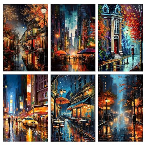 Jawecci 6Pack Peinture Numero Adulte, Vue sur la ville Kit Complet Peinture au Numéro pour Débutants, Paint by Numbers for Adults avec Pinceaux et Pigment Décoration Murale Élégante 30x40cm