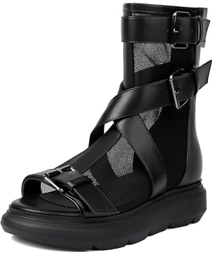 Feinlina Pelle nera mesh aperta punta piatta sandali con fibbia cinturino casual viaggio indietro cerniera mesh fresco caviglia stivali, Nero , 38 EU